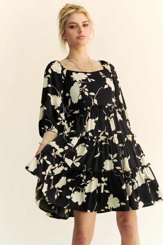 Floral Print Tiered Mini Dress – Square Neck Balloon Sleeve Silhouette