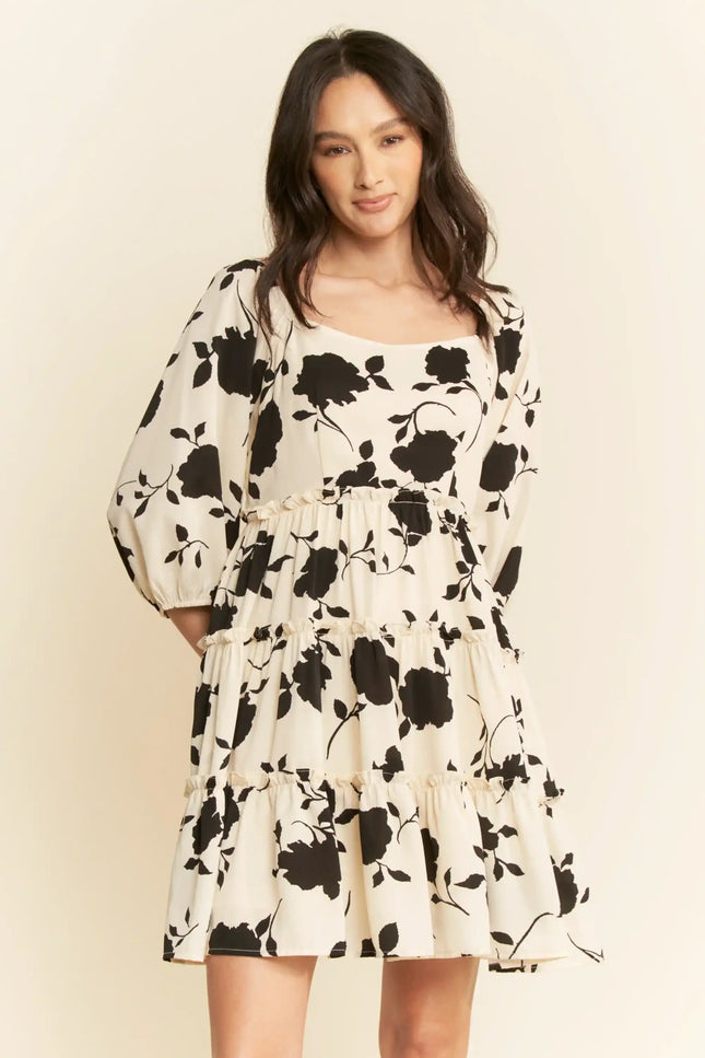 Floral Print Tiered Mini Dress – Square Neck Balloon Sleeve Silhouette