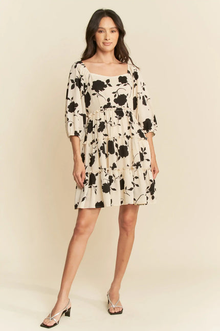 Floral Print Tiered Mini Dress – Square Neck Balloon Sleeve Silhouette