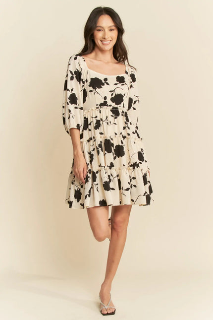 Floral Print Tiered Mini Dress – Square Neck Balloon Sleeve Silhouette