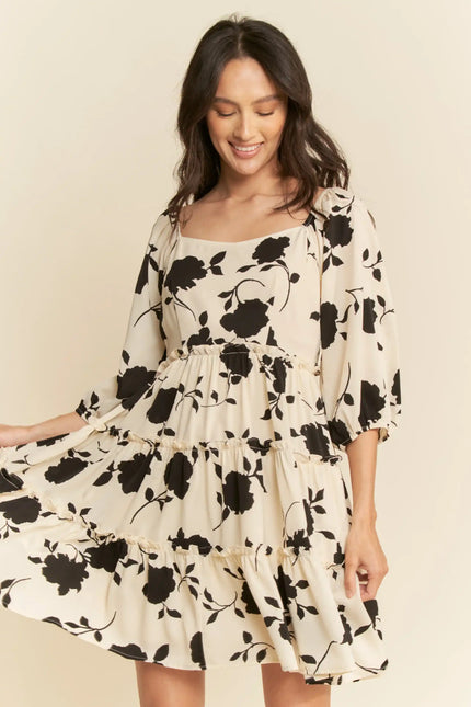 Floral Print Tiered Mini Dress – Square Neck Balloon Sleeve Silhouette