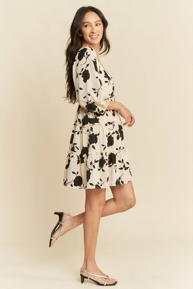 Floral Print Tiered Mini Dress – Square Neck Balloon Sleeve Silhouette