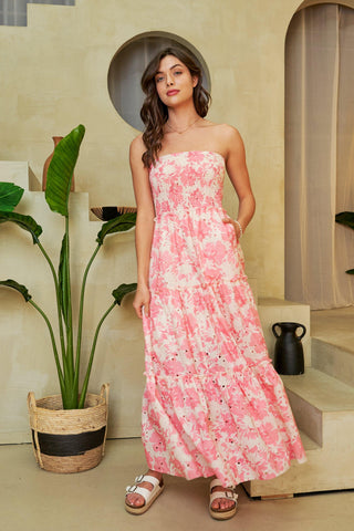 Strapless Smocked Maxi Dress – Tiered Floral Print One-Piece with Pockets