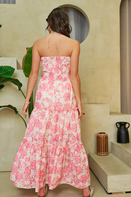 Strapless Smocked Maxi Dress – Tiered Floral Print One-Piece with Pockets