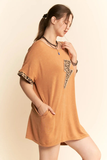 Oversized Lightning Bolt T-Shirt Dress – Sequin Leopard Appliqué Tunic