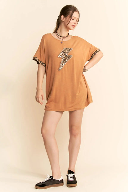 Oversized Lightning Bolt T-Shirt Dress – Sequin Leopard Appliqué Tunic