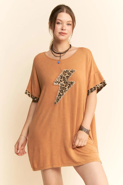 Oversized Lightning Bolt T-Shirt Dress – Sequin Leopard Appliqué Tunic
