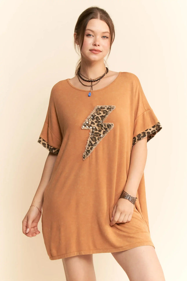 Oversized Lightning Bolt T-Shirt Dress – Sequin Leopard Appliqué Tunic