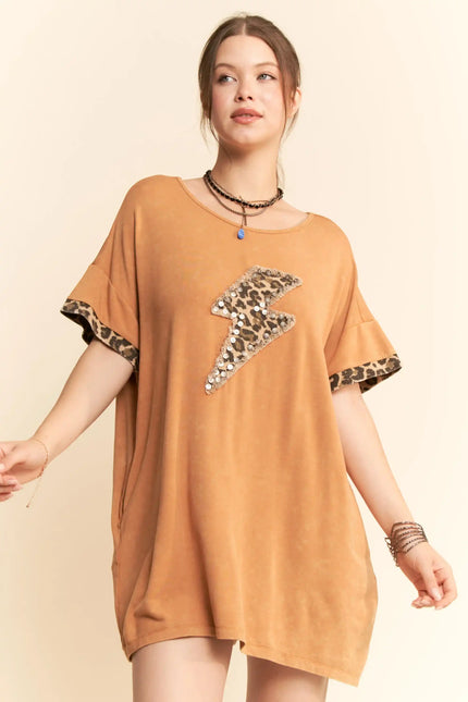 Oversized Lightning Bolt T-Shirt Dress – Sequin Leopard Appliqué Tunic