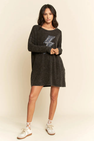 Graphic Lightning Bolt T-Shirt Dress – Mineral Wash Oversized Long Sleeve