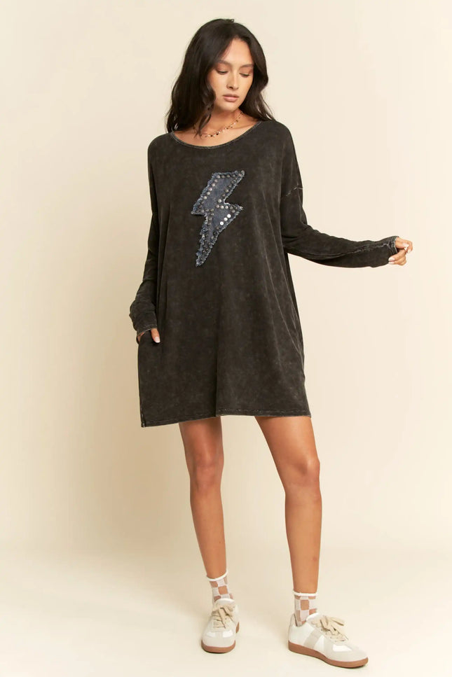 Graphic Lightning Bolt T-Shirt Dress – Mineral Wash Oversized Long Sleeve