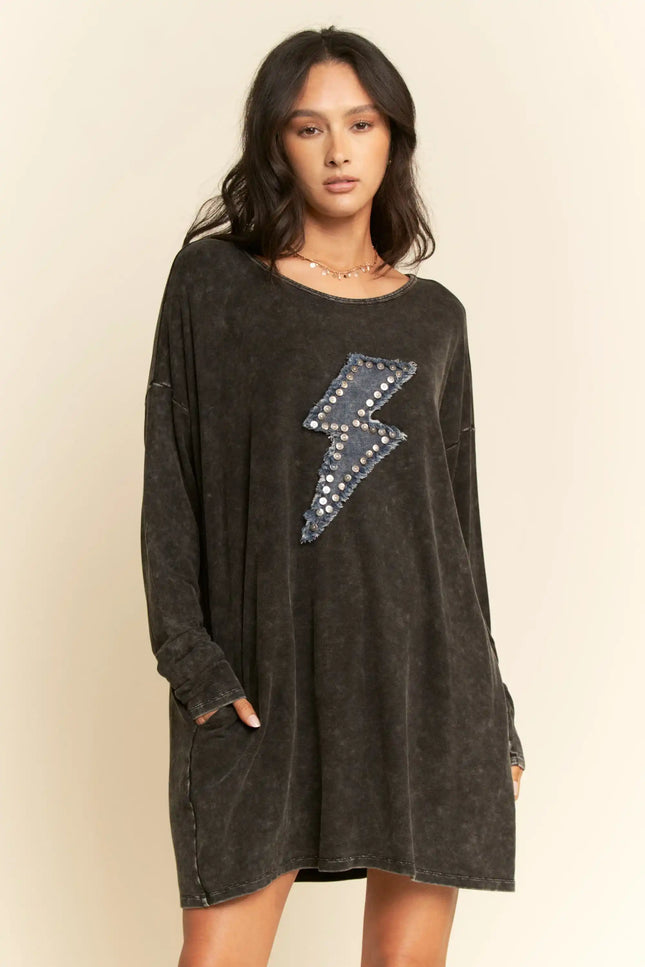 Graphic Lightning Bolt T-Shirt Dress – Mineral Wash Oversized Long Sleeve