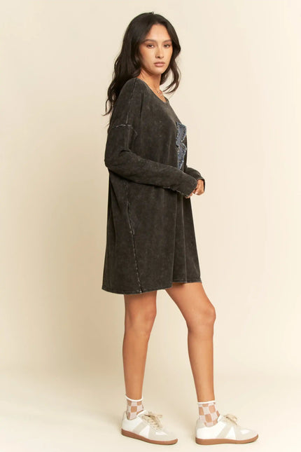 Graphic Lightning Bolt T-Shirt Dress – Mineral Wash Oversized Long Sleeve