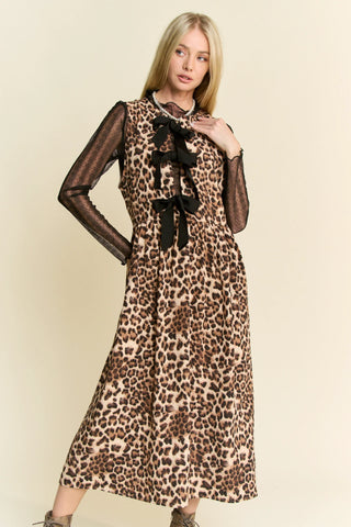 Leopard Print Bow Front Midi Dress – Sleeveless Tiered Statement Dress