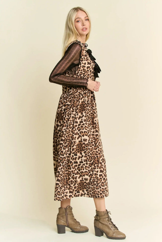 Leopard Print Bow Front Midi Dress – Sleeveless Tiered Statement Dress
