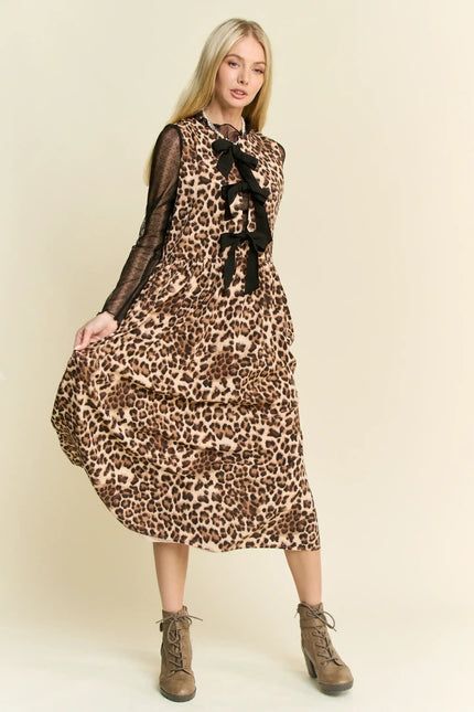 Leopard Print Bow Front Midi Dress – Sleeveless Tiered Statement Dress