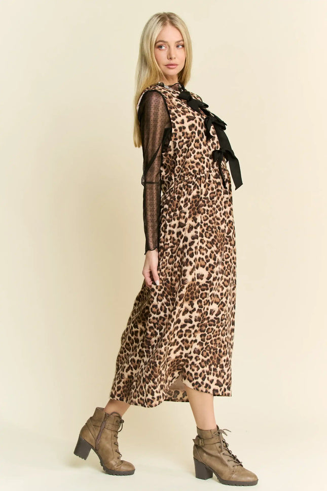 Leopard Print Bow Front Midi Dress – Sleeveless Tiered Statement Dress