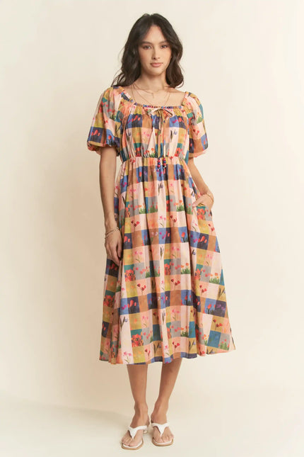 Floral Block Print Midi Dress – Puff Sleeve Gathered Waist Garden Dress