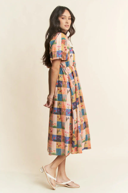 Floral Block Print Midi Dress – Puff Sleeve Gathered Waist Garden Dress
