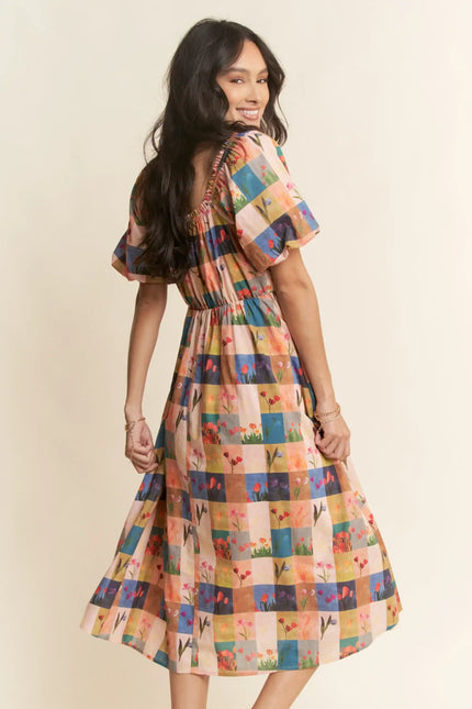Floral Block Print Midi Dress – Puff Sleeve Gathered Waist Garden Dress