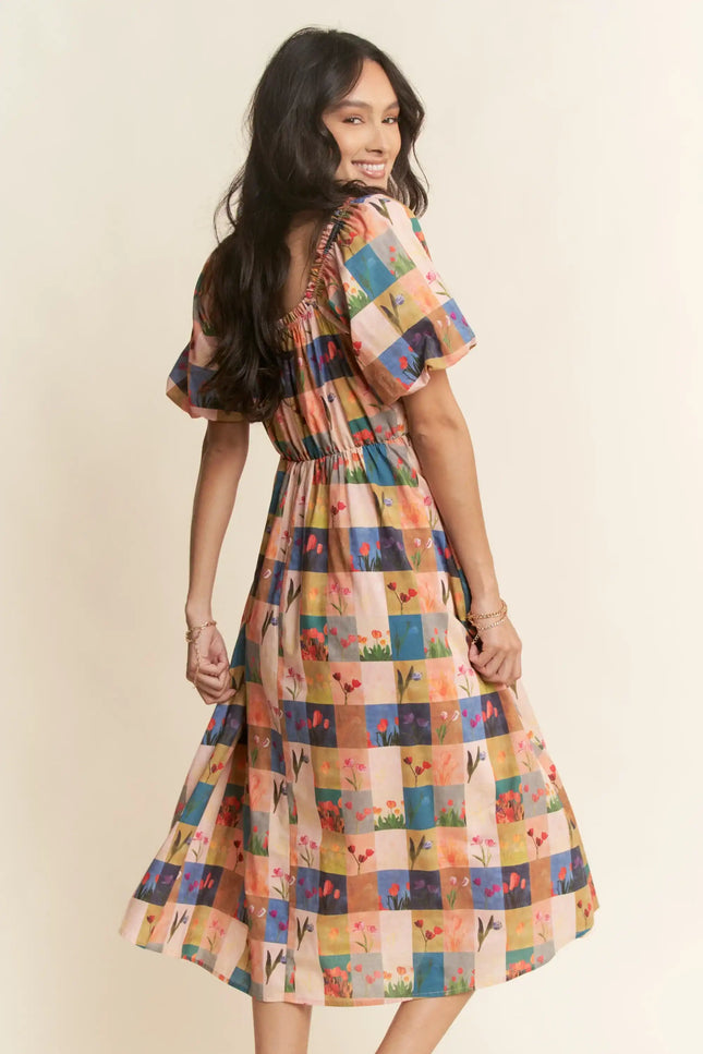 Floral Block Print Midi Dress – Puff Sleeve Gathered Waist Garden Dress