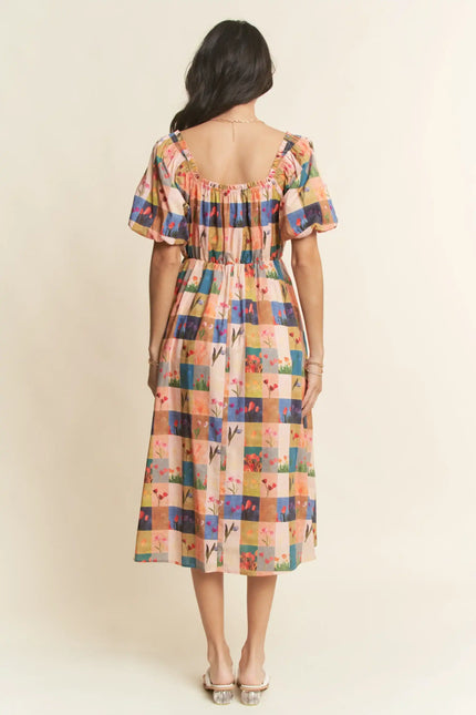 Floral Block Print Midi Dress – Puff Sleeve Gathered Waist Garden Dress