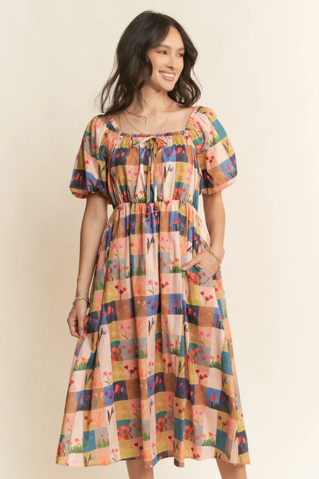 Floral Block Print Midi Dress – Puff Sleeve Gathered Waist Garden Dress