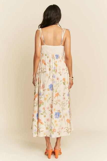 Floral Patchwork Tie Strap Maxi Dress – Sweetheart Neckline with Bust Tie