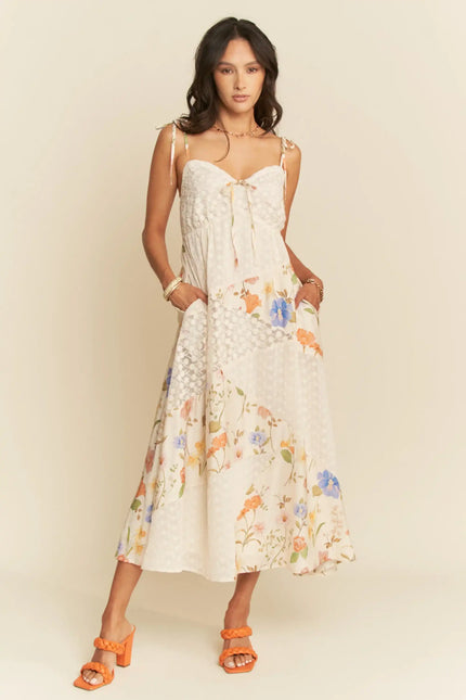 Floral Patchwork Tie Strap Maxi Dress – Sweetheart Neckline with Bust Tie