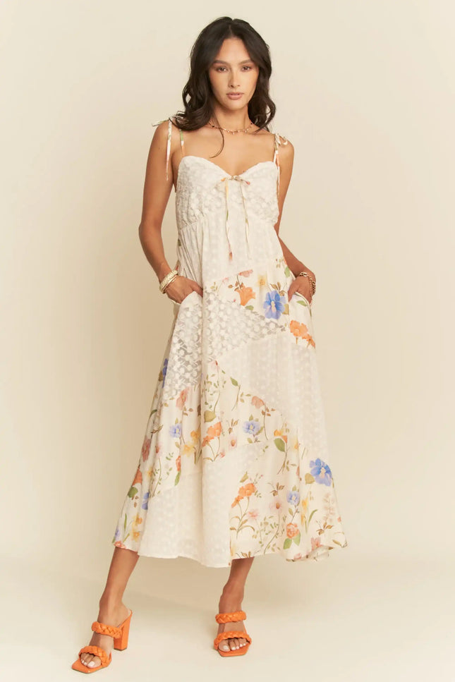 Floral Patchwork Tie Strap Maxi Dress – Sweetheart Neckline with Bust Tie
