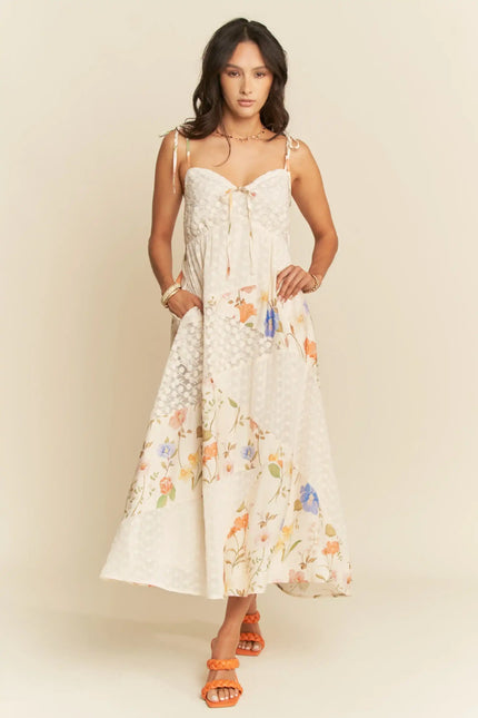 Floral Patchwork Tie Strap Maxi Dress – Sweetheart Neckline with Bust Tie