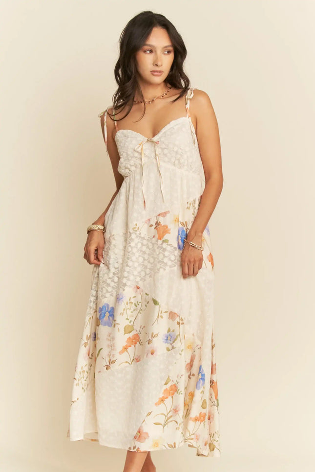Floral Patchwork Tie Strap Maxi Dress – Sweetheart Neckline with Bust Tie