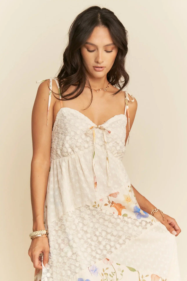 Floral Patchwork Tie Strap Maxi Dress – Sweetheart Neckline with Bust Tie