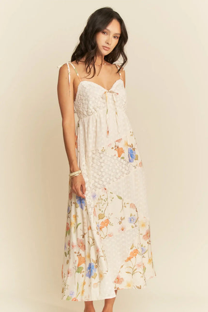 Floral Patchwork Tie Strap Maxi Dress – Sweetheart Neckline with Bust Tie