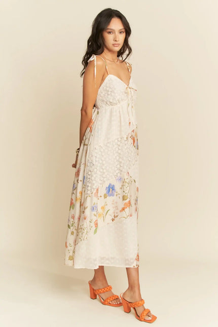 Floral Patchwork Tie Strap Maxi Dress – Sweetheart Neckline with Bust Tie