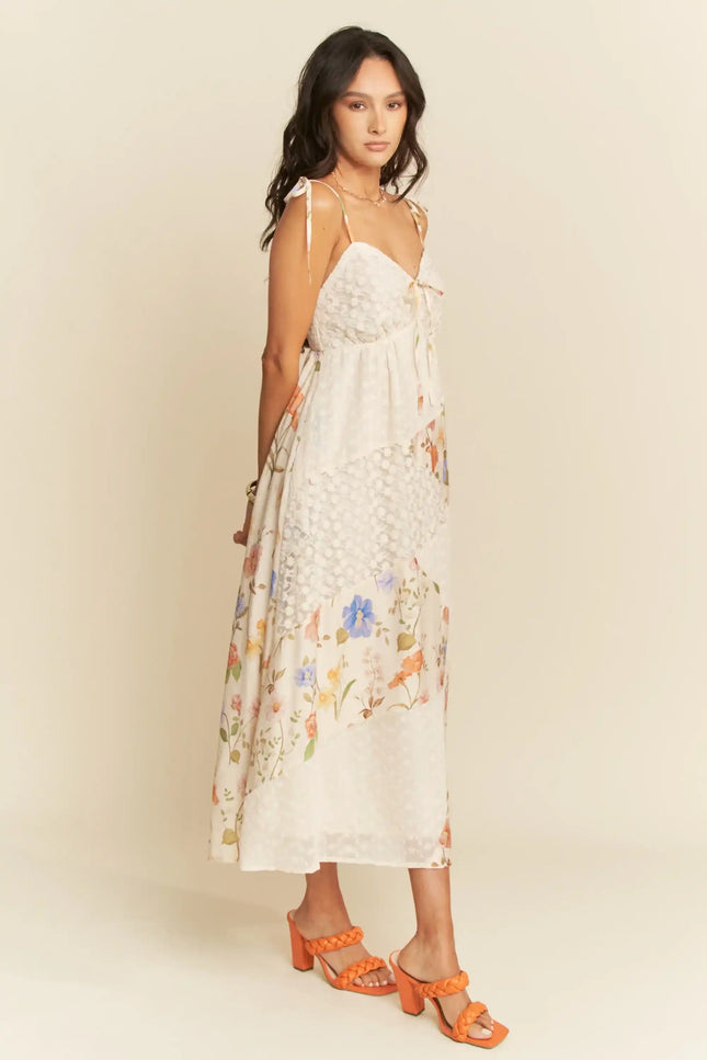 Floral Patchwork Tie Strap Maxi Dress – Sweetheart Neckline with Bust Tie