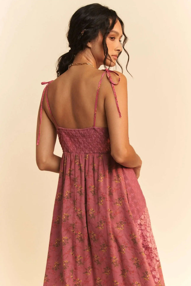Boho Patchwork Midi Dress – Rose Pink Floral with Lace Bust Detail