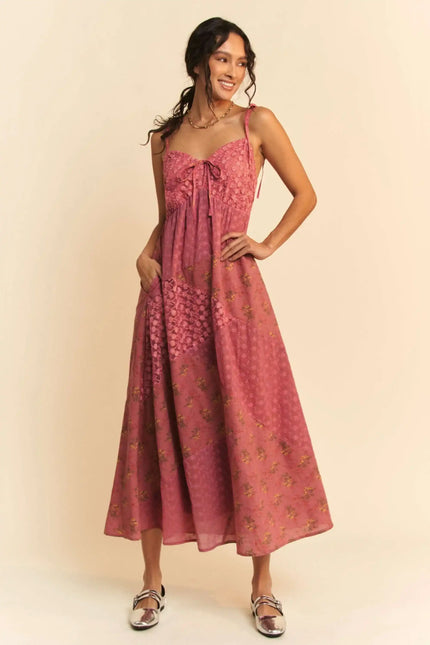 Patchwork Tie Front Maxi Dress – Spaghetti Strap Boho Tiered Dress