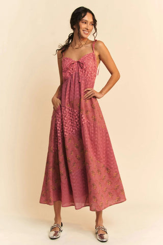 Boho Patchwork Midi Dress – Rose Pink Floral with Lace Bust Detail