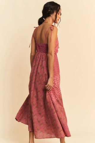 Boho Patchwork Midi Dress – Rose Pink Floral with Lace Bust Detail