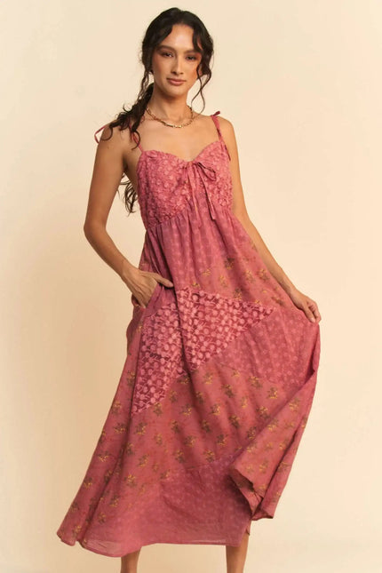 Boho Patchwork Midi Dress – Rose Pink Floral with Lace Bust Detail