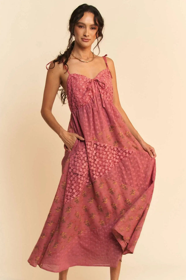 Patchwork Tie Front Maxi Dress – Spaghetti Strap Boho Tiered Dress