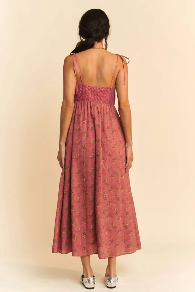 Boho Patchwork Midi Dress – Rose Pink Floral with Lace Bust Detail