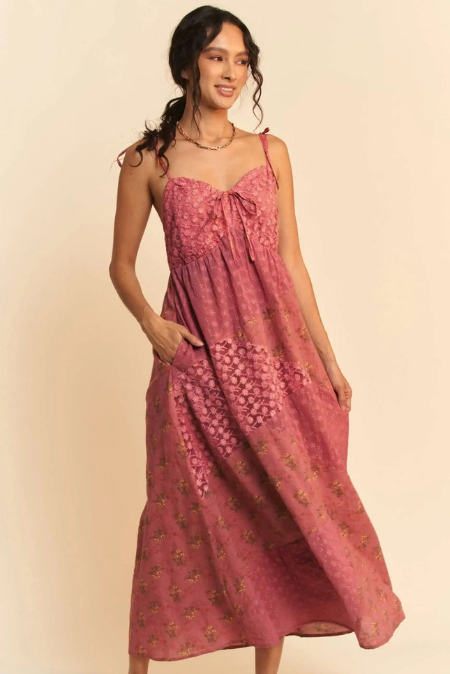 Boho Patchwork Midi Dress – Rose Pink Floral with Lace Bust Detail