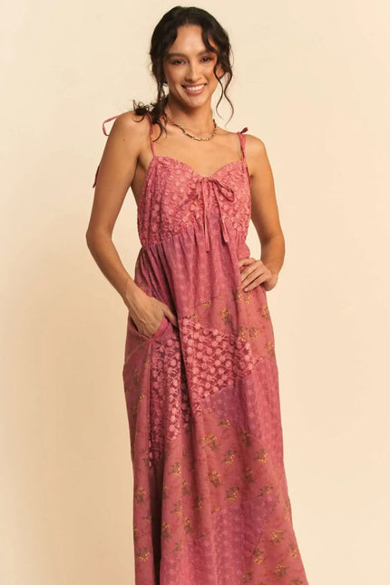 Boho Patchwork Midi Dress – Rose Pink Floral with Lace Bust Detail