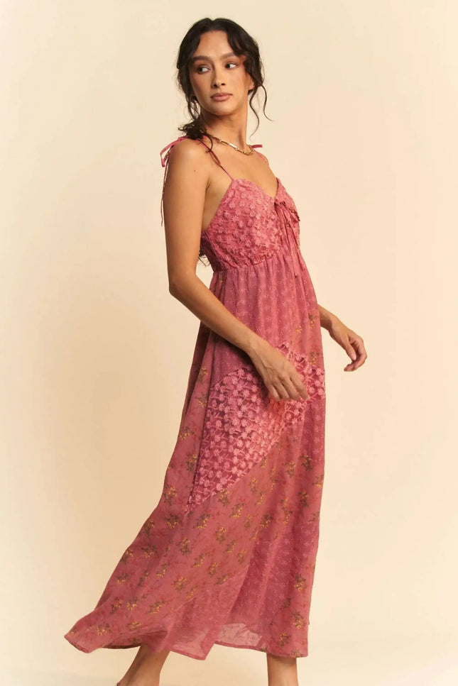 Boho Patchwork Midi Dress – Rose Pink Floral with Lace Bust Detail