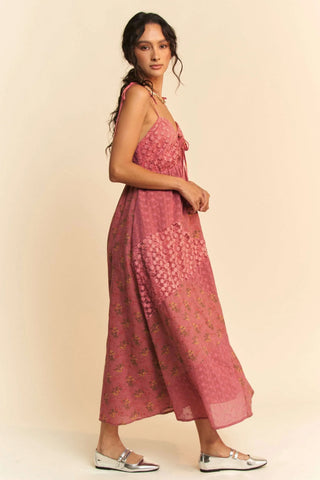 Boho Patchwork Midi Dress – Rose Pink Floral with Lace Bust Detail