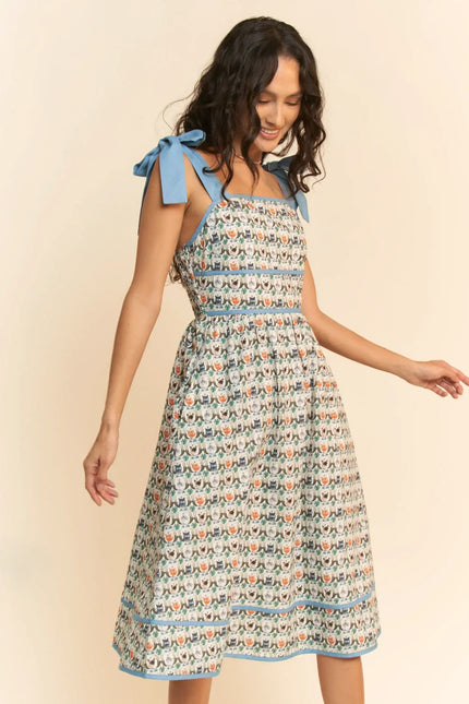 Bow Strap Fit and Flare Midi Dress – Vintage Floral Patterned Sundress