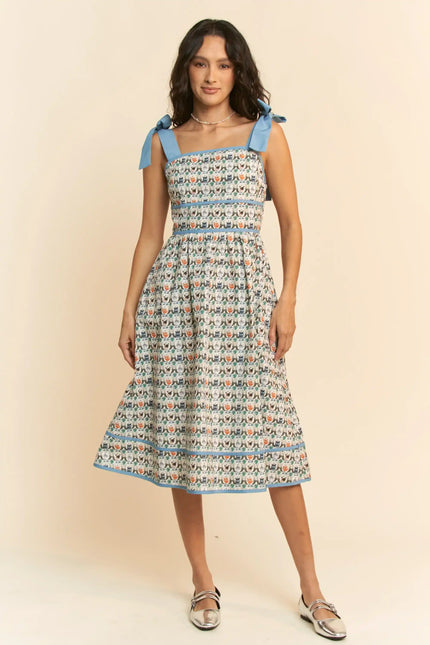 Bow Strap Fit and Flare Midi Dress – Vintage Floral Patterned Sundress