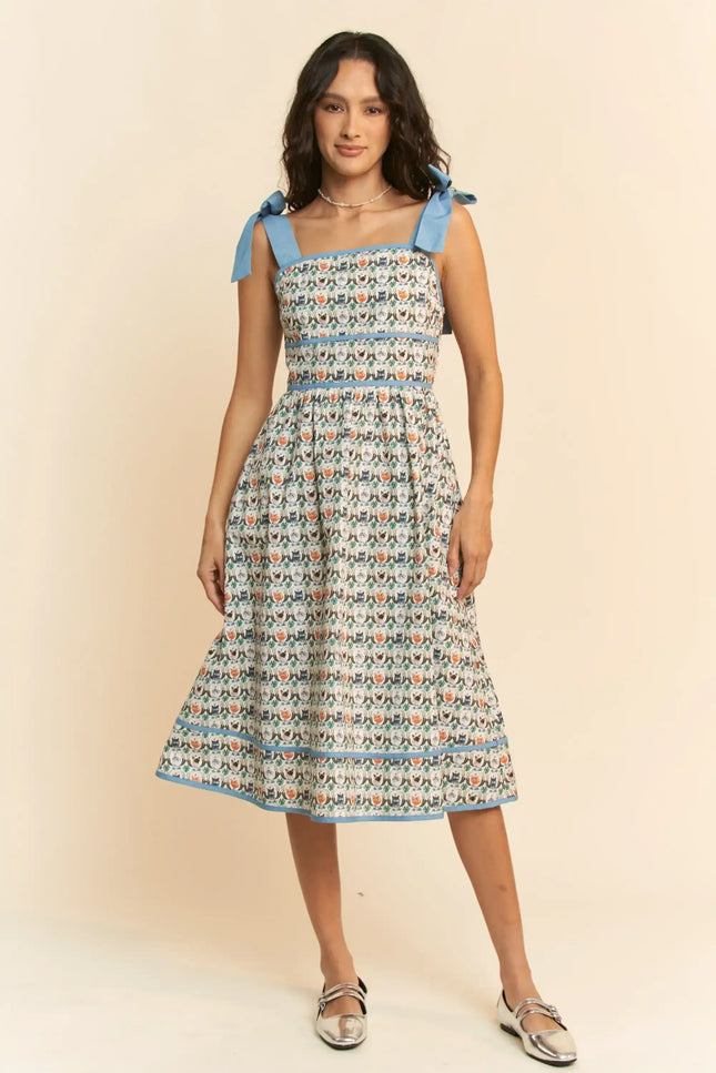 Bow Strap Fit and Flare Midi Dress – Vintage Floral Patterned Sundress